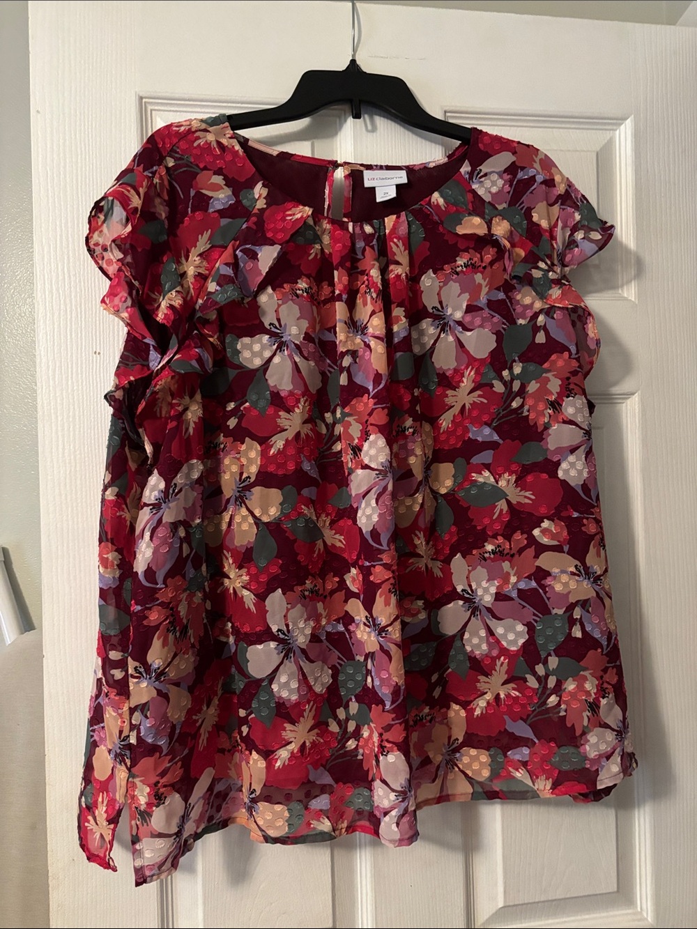 Liz Claiborne Red Floral Ruffle Sleeve Blouse